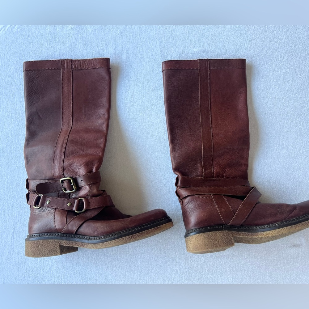 Bueno Italian leatherr strap detail tall boots in chestnut brown